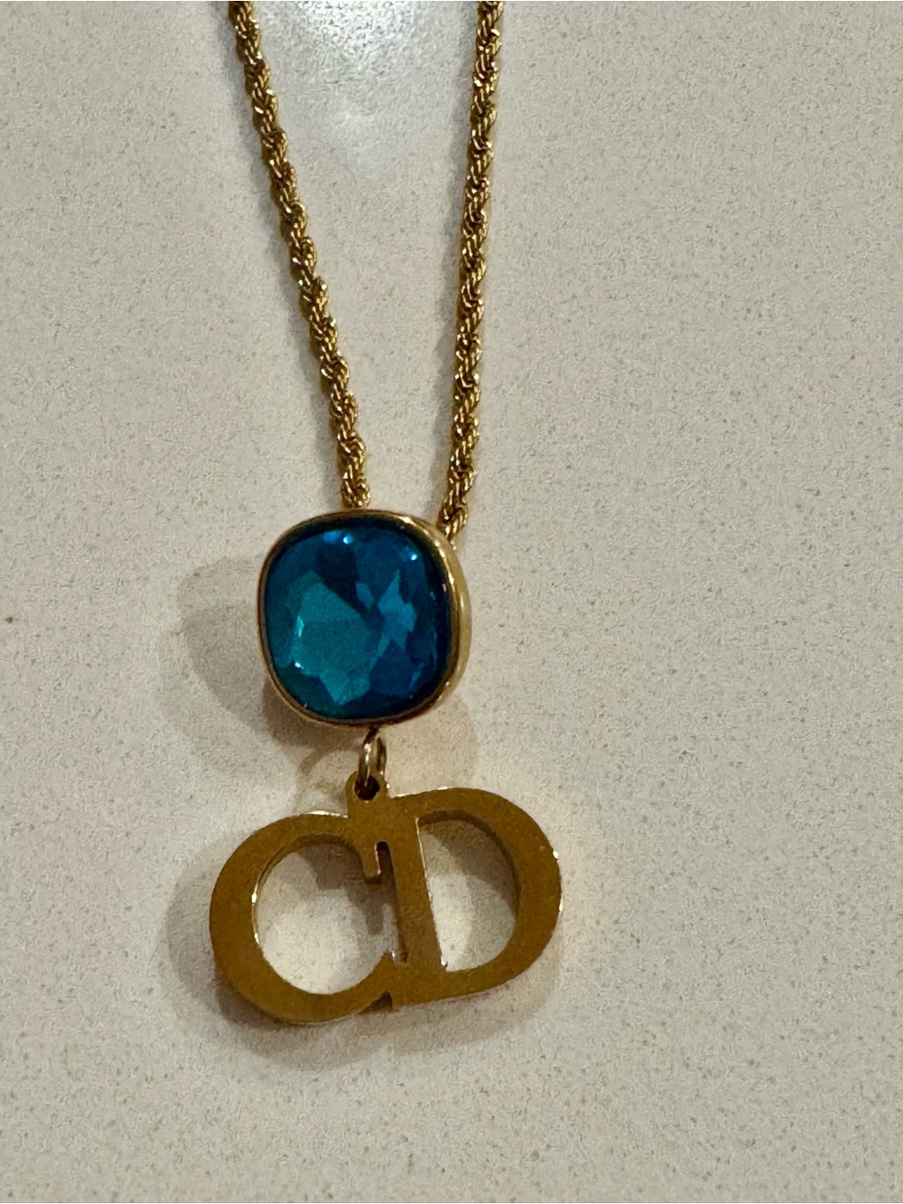 Gold-Tone Necklace with Teal Blue Gem and Double-Initial Pendant